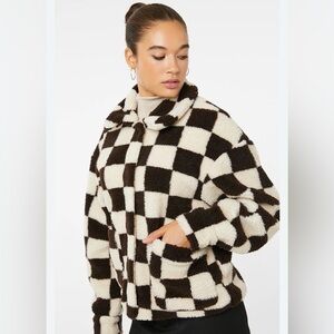 Wild Rose Checkered Brown and White Sherpa Jacket
